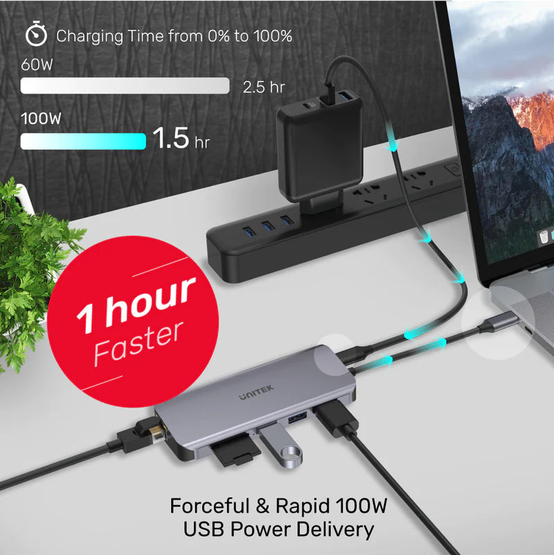 Unitek D1026B uHUB N9+ 9-in-1 USB-C Ethernet Hub with Dual Monitor, 100W Power Delivery and Dual Card Reader Unitek D1026B uHUB N9+ 9-in-1 USB-C Ethernet Hub with Dual Monitor, 100W Power Delivery and Dual Card Reader
